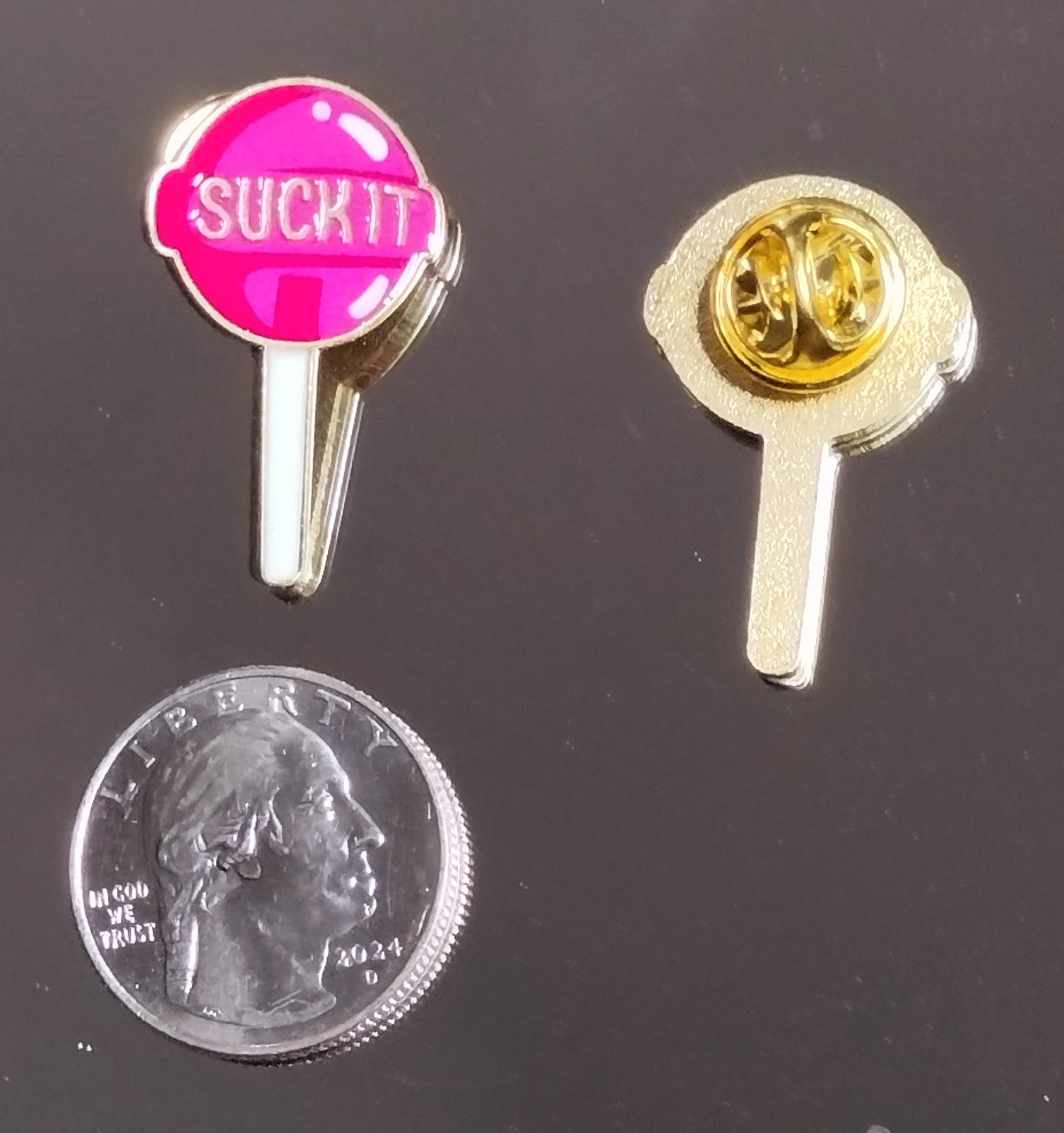 2 SUCKER "SUCK IT" GOLD BACK HAT PINS