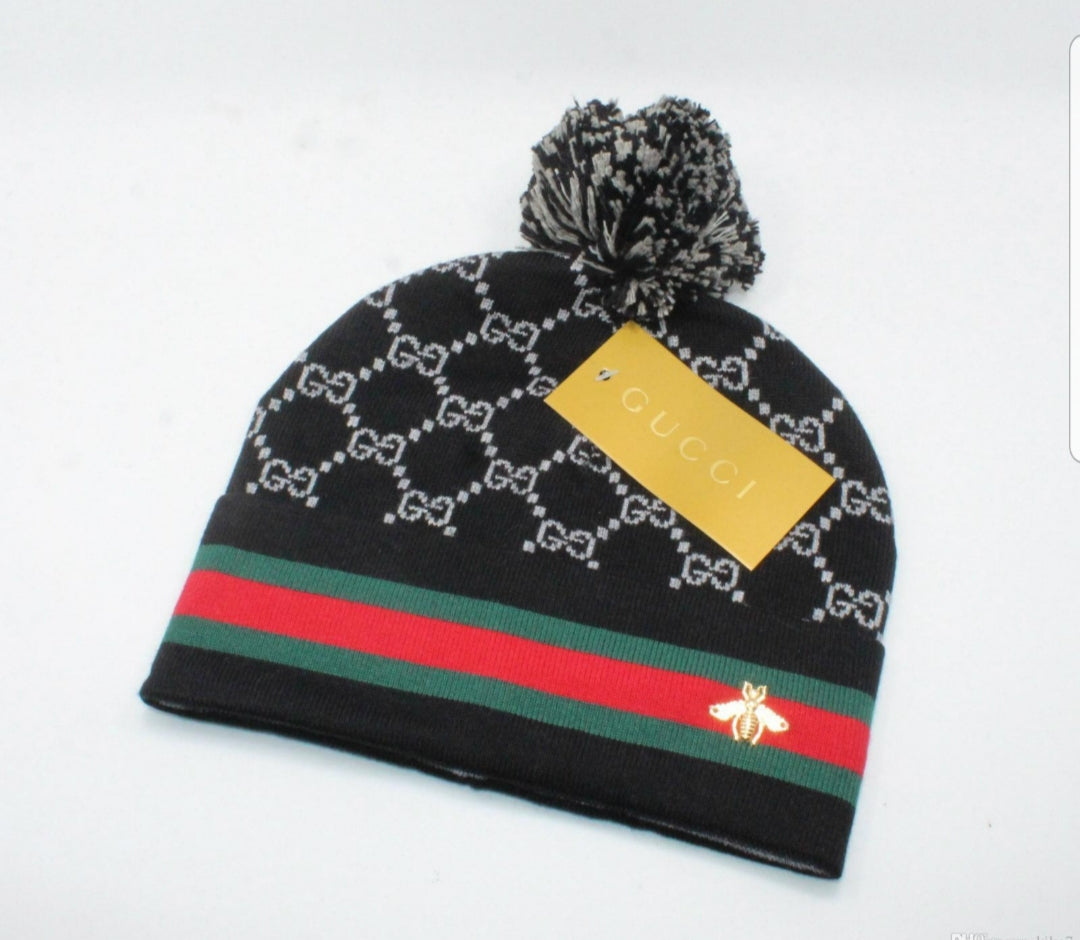 Black GG With Bee Knit Beanie By GUCCI