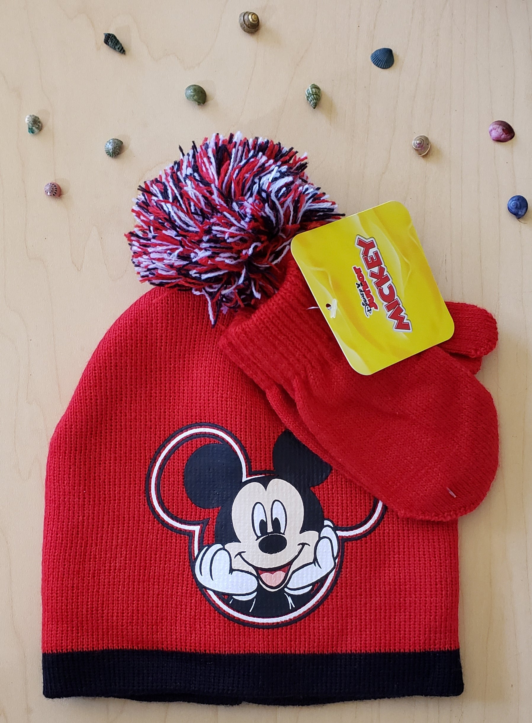 Kids Red And Black Mickey Mouse Beanie And Mittens Set