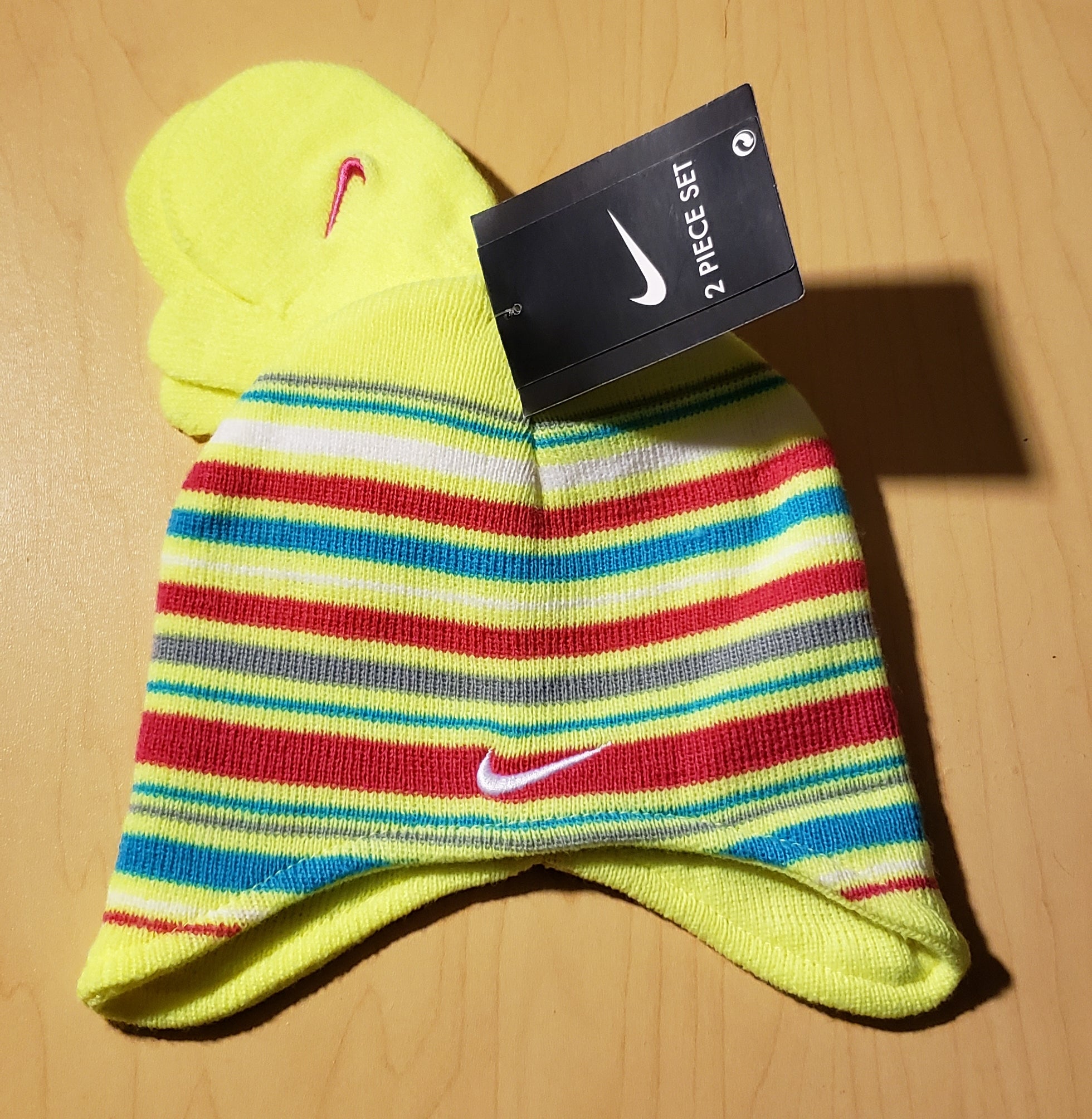 Neon Yellow NIKE Kids Beanie + Mittens Set