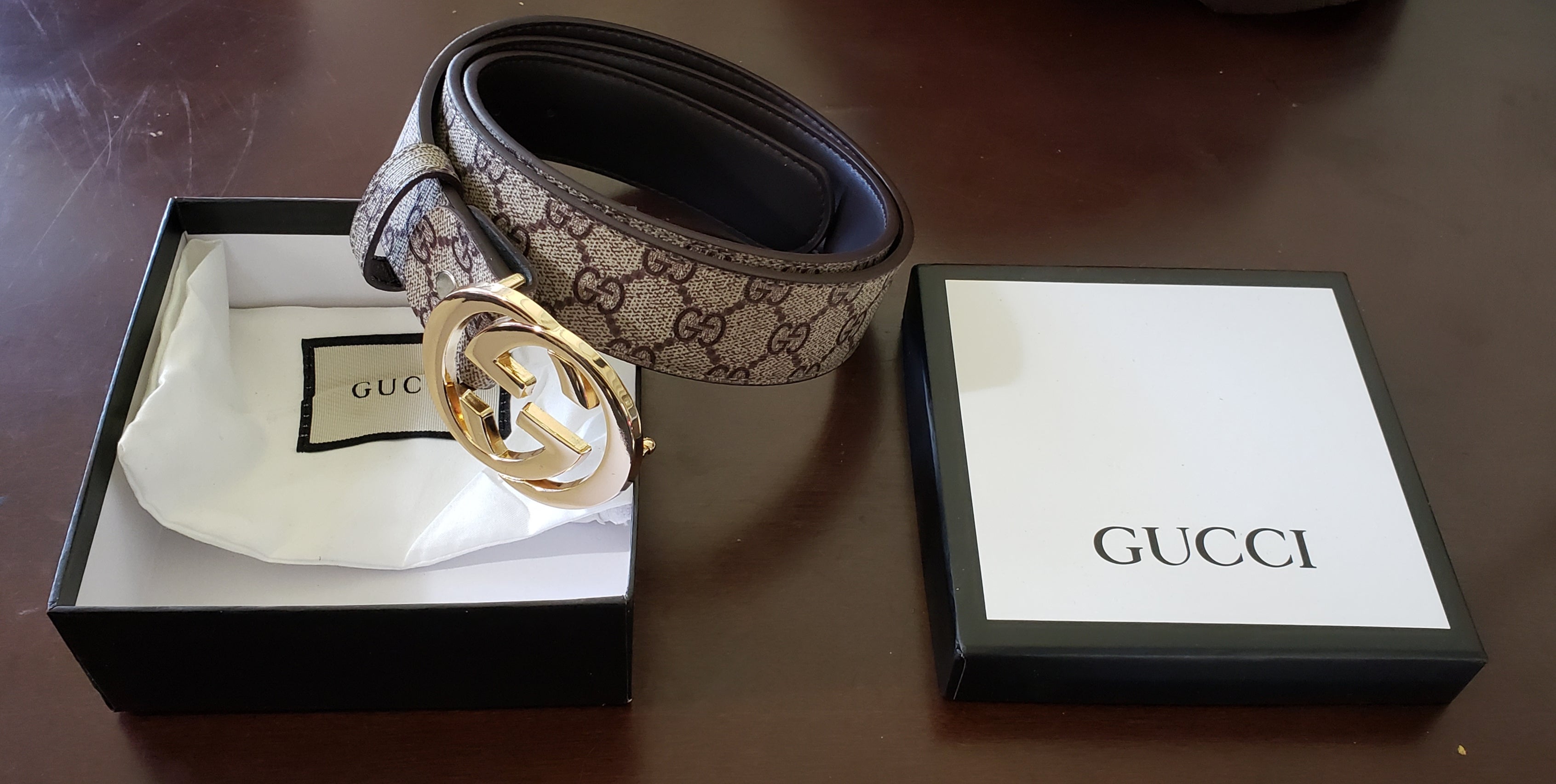 Coffee GUCCI Leather Belt With Gold GG Buckle SIZE 36