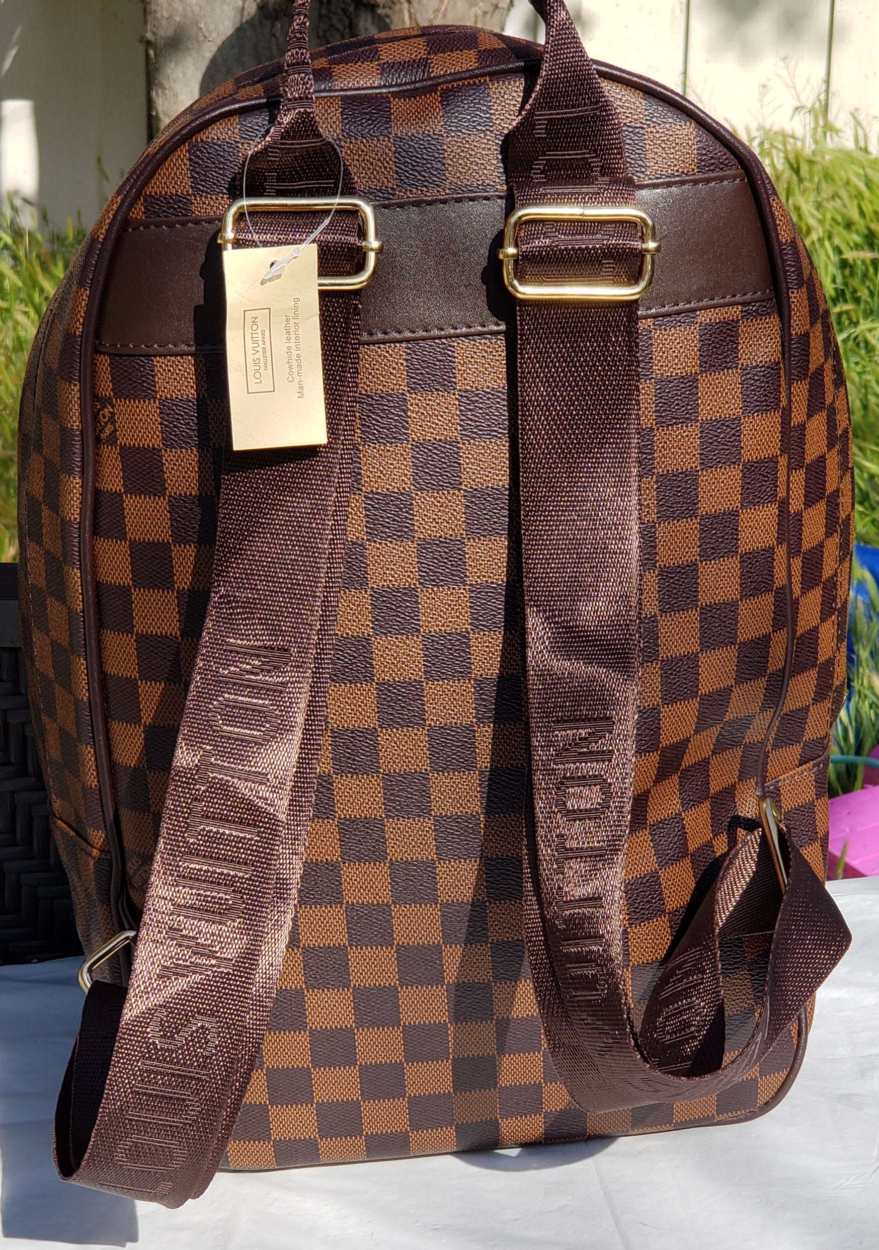 Lumento Womens Brown Checkered Backpack With Inner Pouch - PU