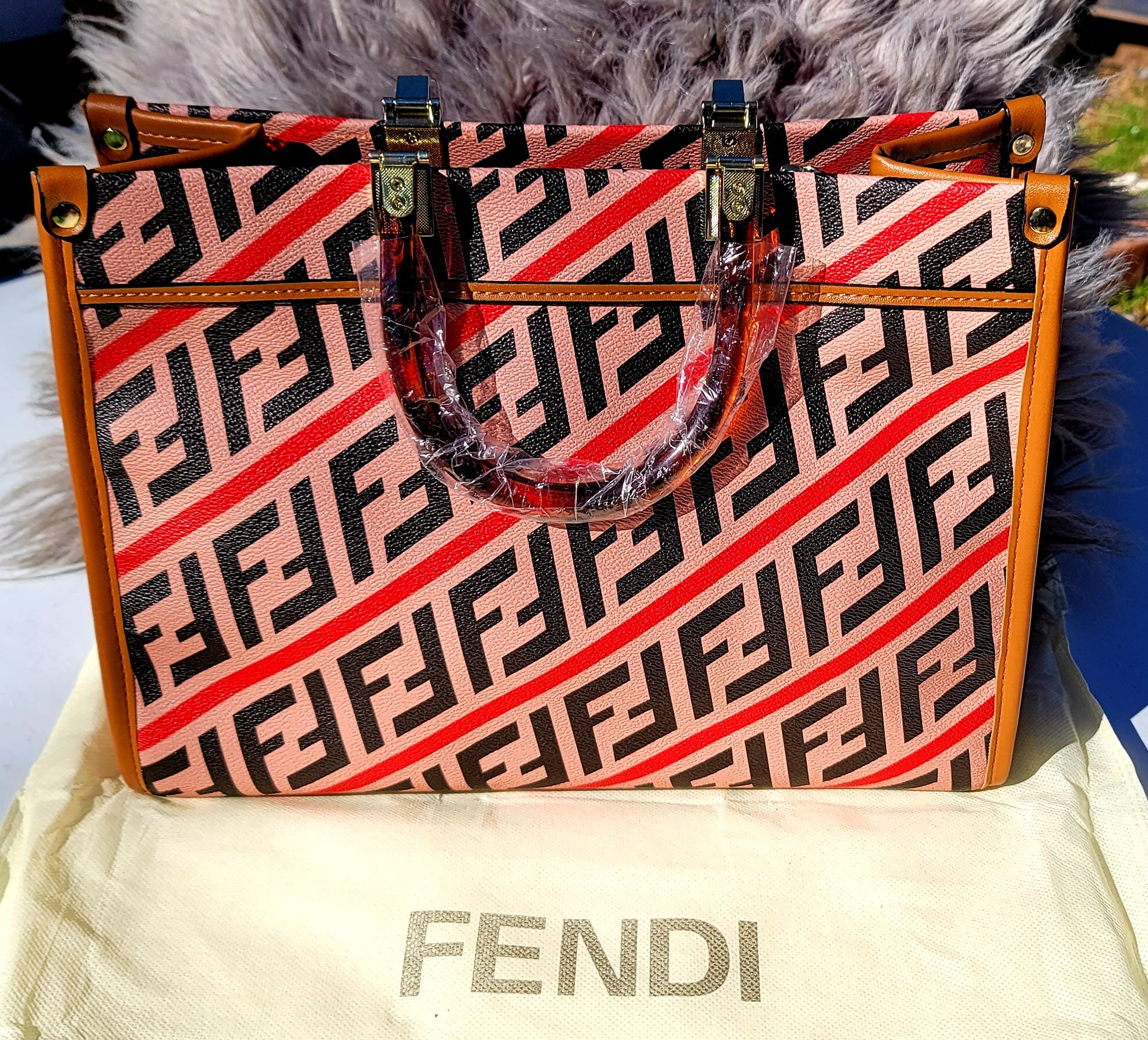 Tan W/ Red And Black Fendi "Strong Woman" Purse